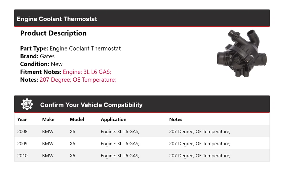 Para BMW X6 2008-2010 3L L6 Motor Gas Refrigerante Termostato Puertas 2009 Foto 2 de 4