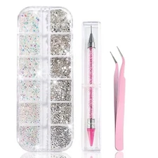 Nail Art Rhinestones Kit, Clear Crystal AB Flatback Glass Rhinestones Crystal 