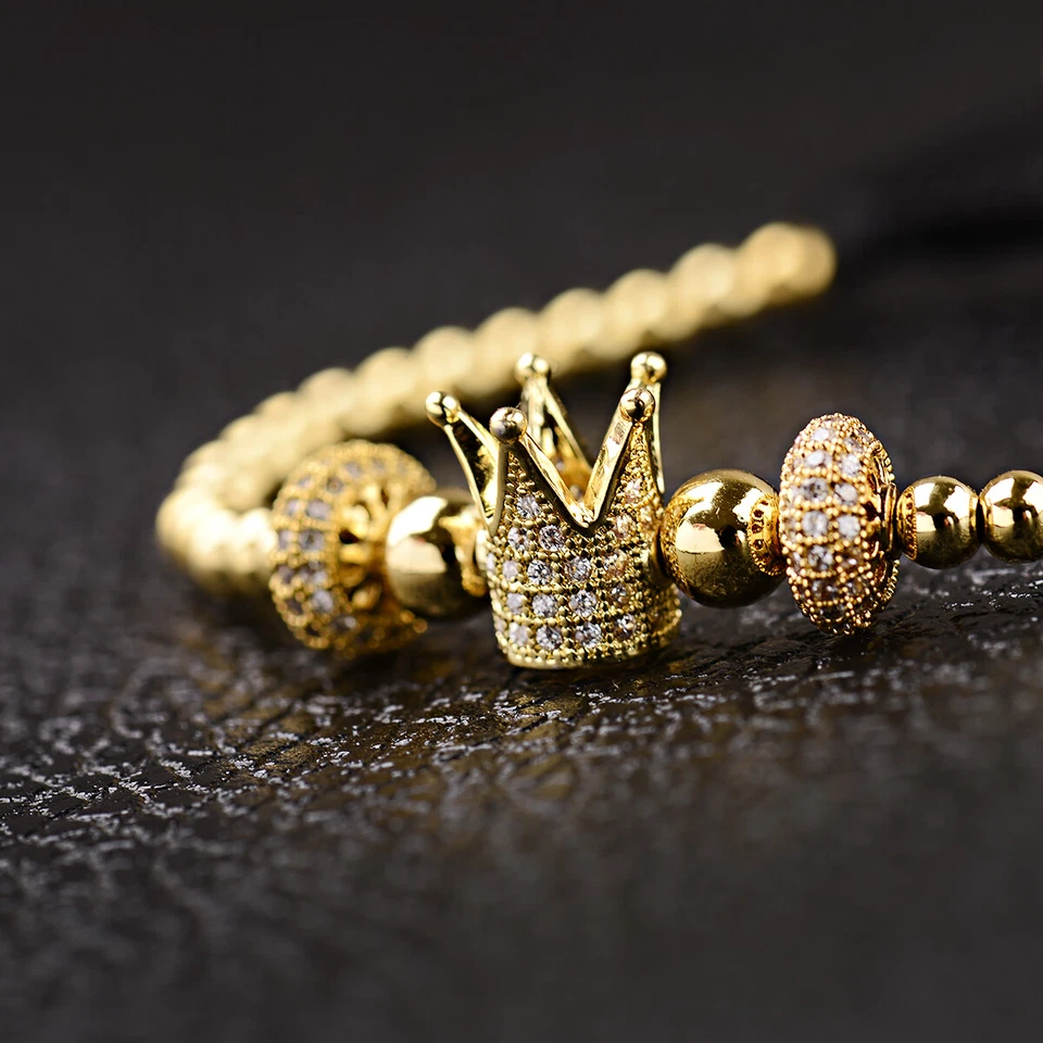 Luxury Men's Women Micro Pave CZ Ball Crown Polygon Braided Adjustable Bracelets - Image 4 of 4