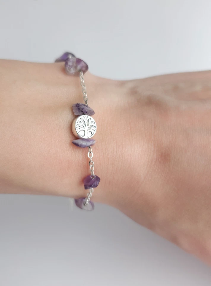 Nuevo Brazalete de Cuarzo Hecho a Mano Plata Tibetana Árbol de la Vida Dije Cristales Amatista Foto 4 de 4
