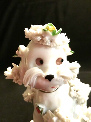 VINTAGE WHITE POODLE FIGURINE,WITH SPAGHETTI TRIM AND APPLIED