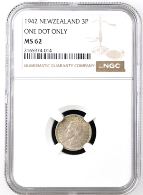 1942 New Zealand 3 Pence, One Dot, NGC MS 62, KM-7, Scarce Type | eBay