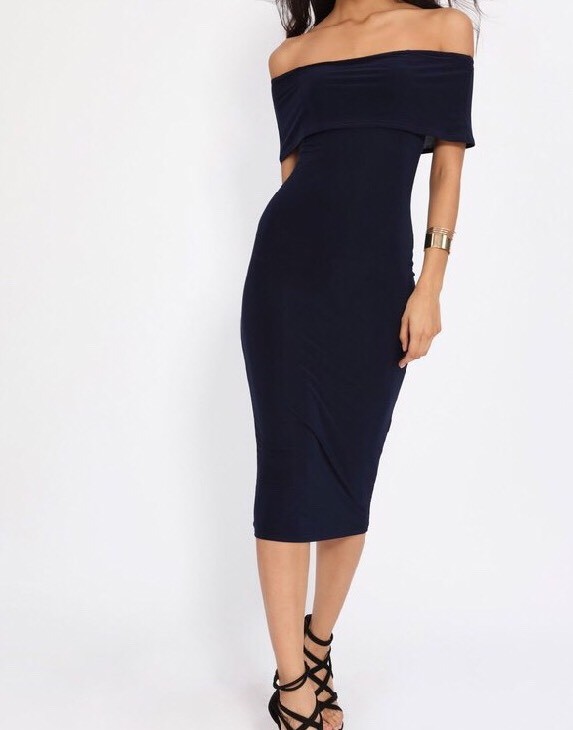 Boohoo Blue Bardot Off Shoulder Slinky Midi UK 10