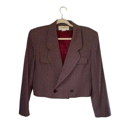 Jones New York Burgundy and Grey Checkered Cropped Blazer - Picture 3 of 5