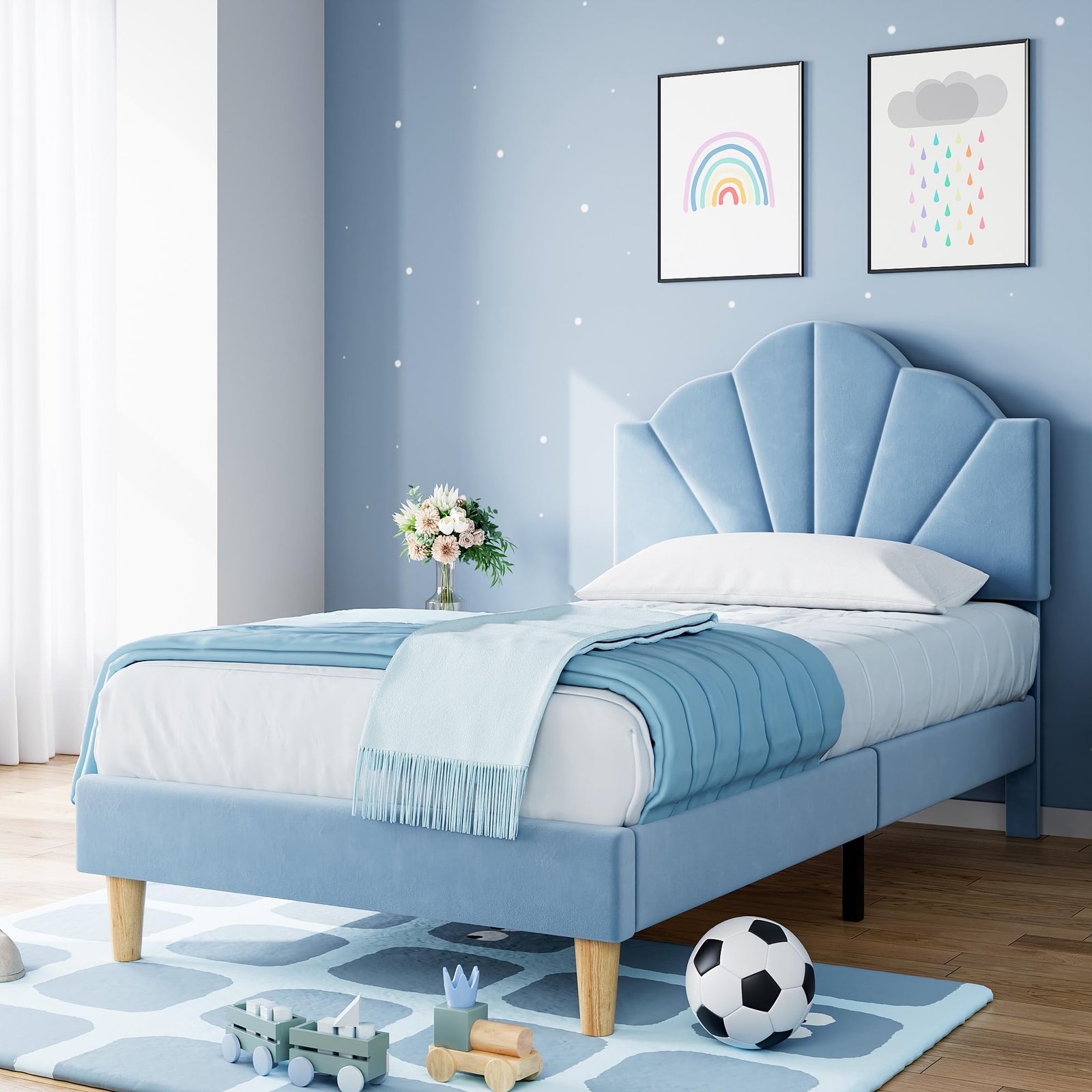 Twin Size Upholstered Bed Frame w/ Adjustable Headboard Wooden Platform for Kids