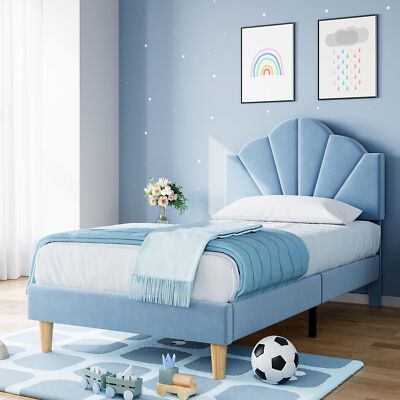 Twin Size Upholstered Bed Frame w/ Adjustable Headboard Wooden Platform for Kids