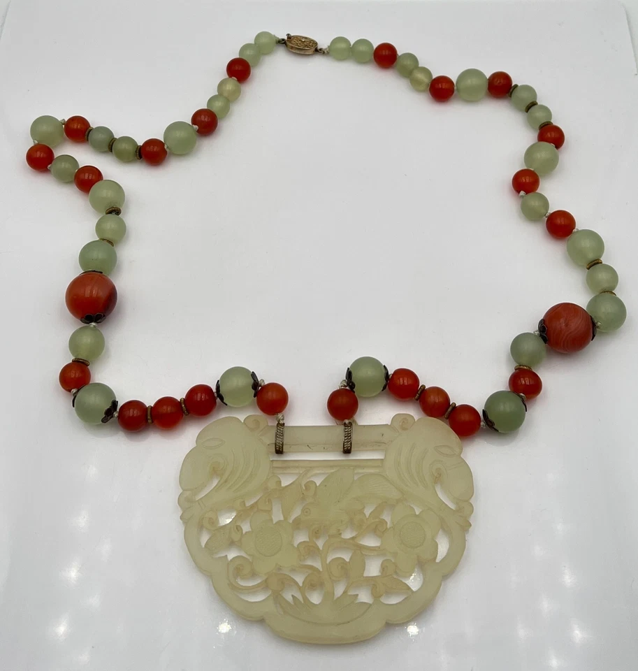 Antiguo collar de cuentas de cornalina/cerradura de jade Celadón chino de plata de ley Foto 2 de 4
