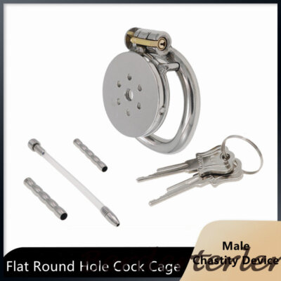 Male Chastity Device Flat Round Hole Metal Tube Chastity Lock Cage Ring Belt