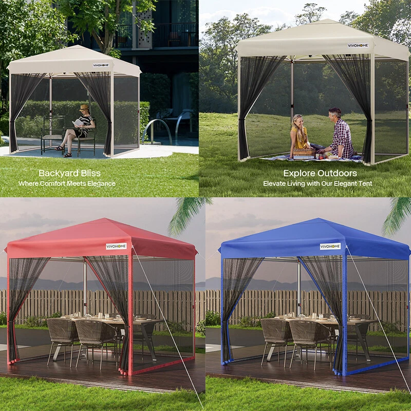Pop Up Canopy 10' x 10' Gazebo Screen Tent with Net, 2 Zipper Doors, Roller Bag
