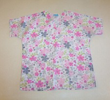 Women's H.Q. Scrubs White w/ Pink  Gray Floral Print Uniform X-Small