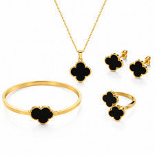 New 5Pc Black Clover Gold Tone Necklace Bracelet Bangle Ring Earrings Set