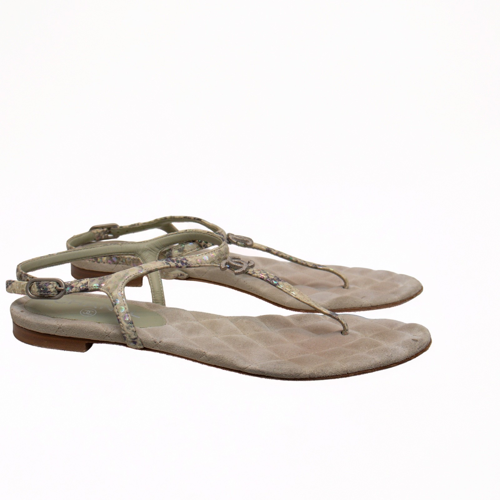 Chanel Green Python Embossed Leather T-Strap Sand… - image 7