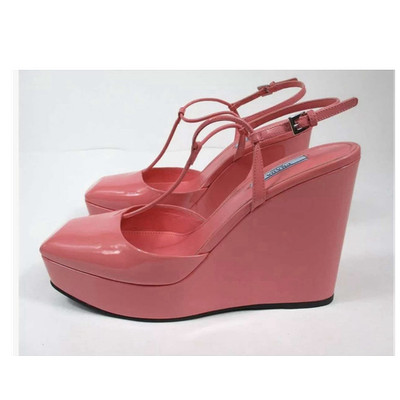 Prada Pink Patent Leather Platform Wedge Ankle Strap Open Toe Heels 9.5
