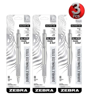Zebra Pen F-701 Ballpoint Stainless Steel Retractable Pen 3 pcs Fine Point 0.8mm
