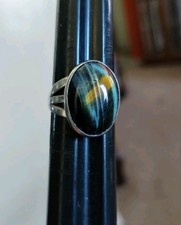 Vintage Solid Sterling Silver Ring Tiger s Eye / Hawk s Eye Cabochon Size 6-1/2