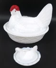 Vintage 1940s Westmoreland Milk Glass-Hen On Nest Covered Candy Dish & Mini Dish