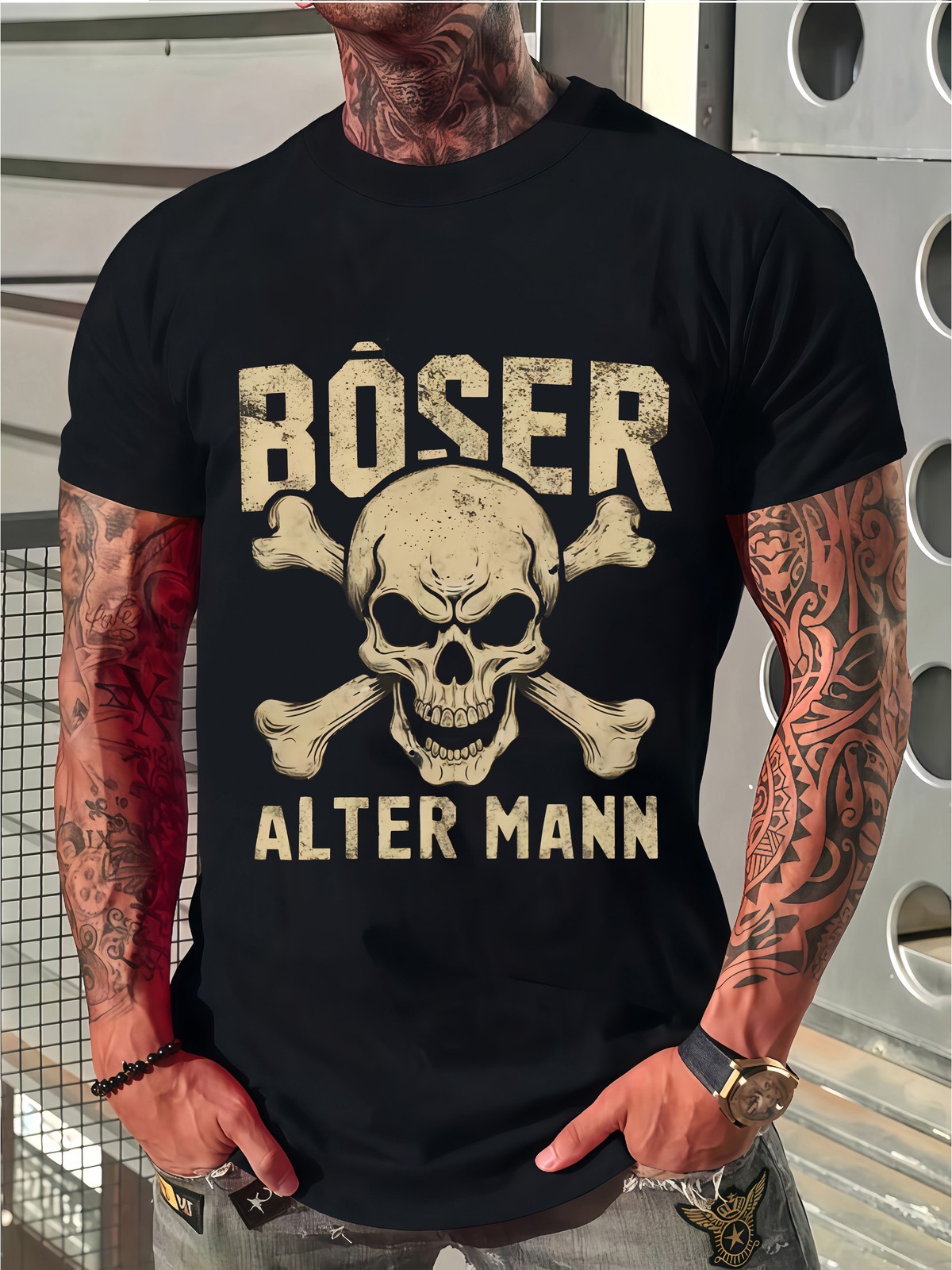 Boser Alter Mann Skull Graphic T-Shirt Vintage Punk Style Biker Tee