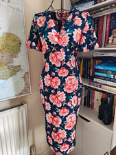 Pretty Kitty Fashion Navy Floral Pencil Midi Dress V-Neck Flutter Sleeve 12