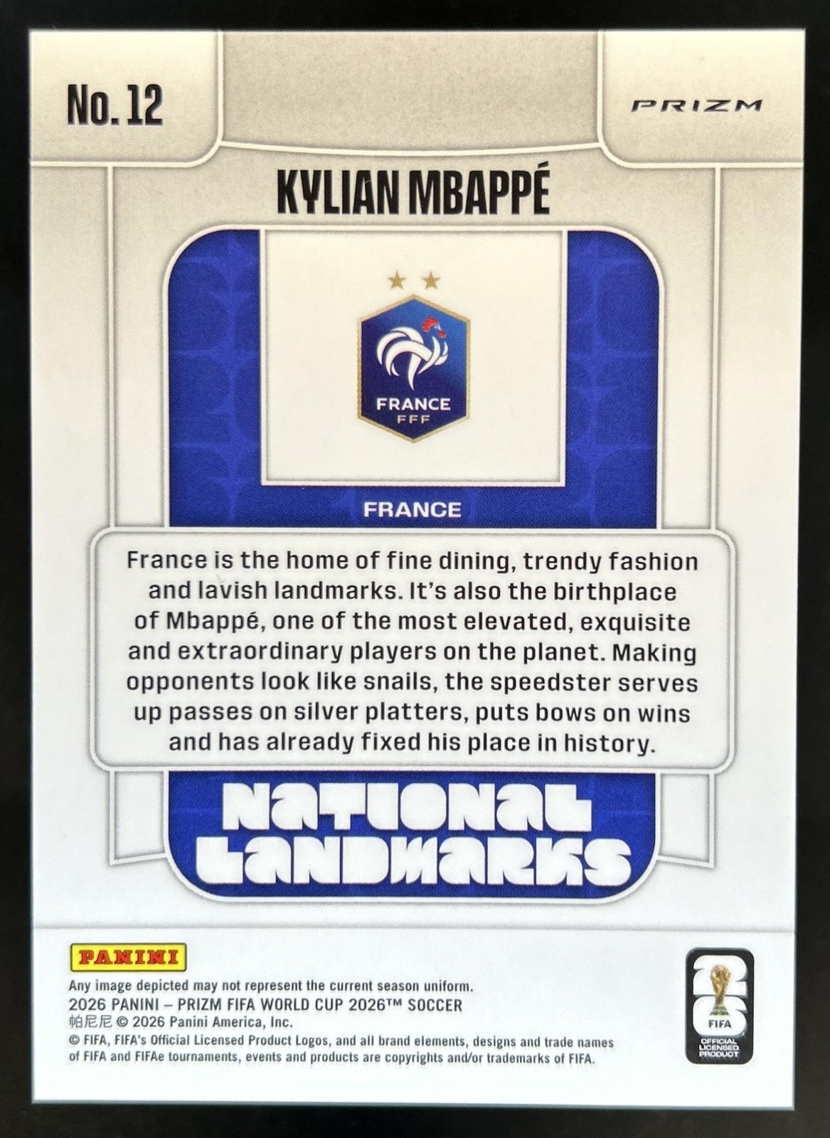 2026 Panini Prizm World Cup Kylian Mbappe National Landmarks SSP #12 France view 2