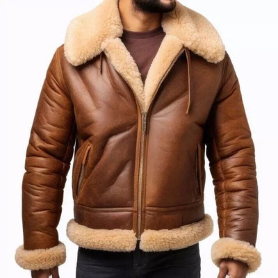 Men's Brown B3 RAF Aviator Shearling Real Leather Flight Bomber Jacket Coat
