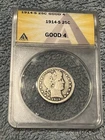 1914 S Barber Quarter ANACS G - 4. Rare Date! A Key Date! OLD US COIN. SILVER