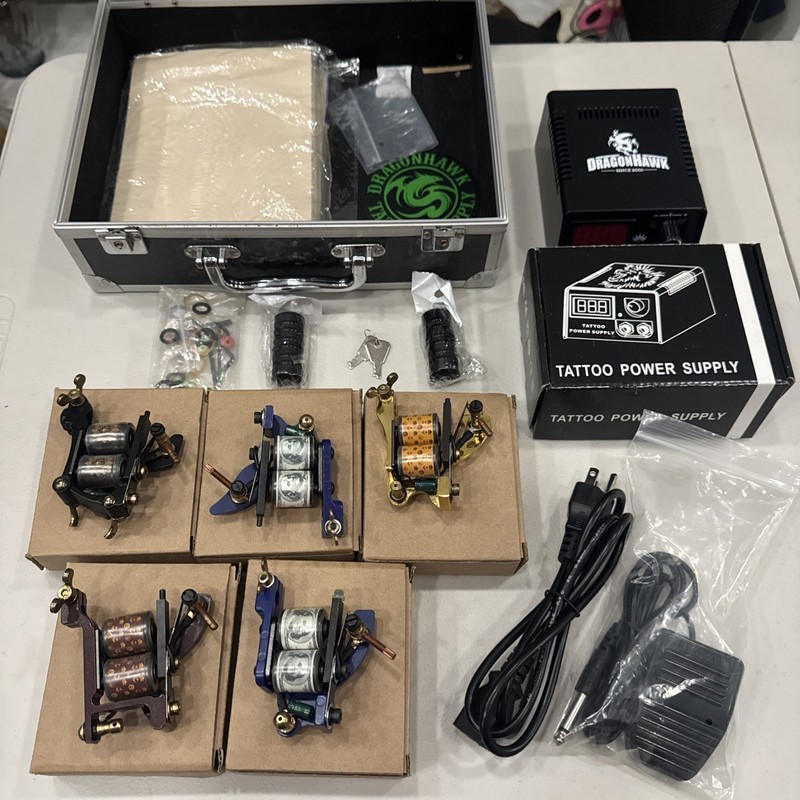 Dragonhawk Complete Tattoo Kit 5Coil Machine Power Supply Practice Skin Case Key