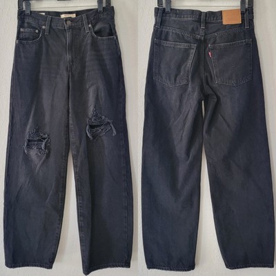 LEVI'S Baggy Dad Mid Rise Straight Leg Jeans In Rake It Up Black Wash 25.