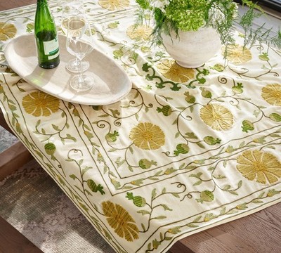 Pottery Barn Wren Embroidered Cotton Table Throw 50'' Sq NWT - FREE US SHIPPING