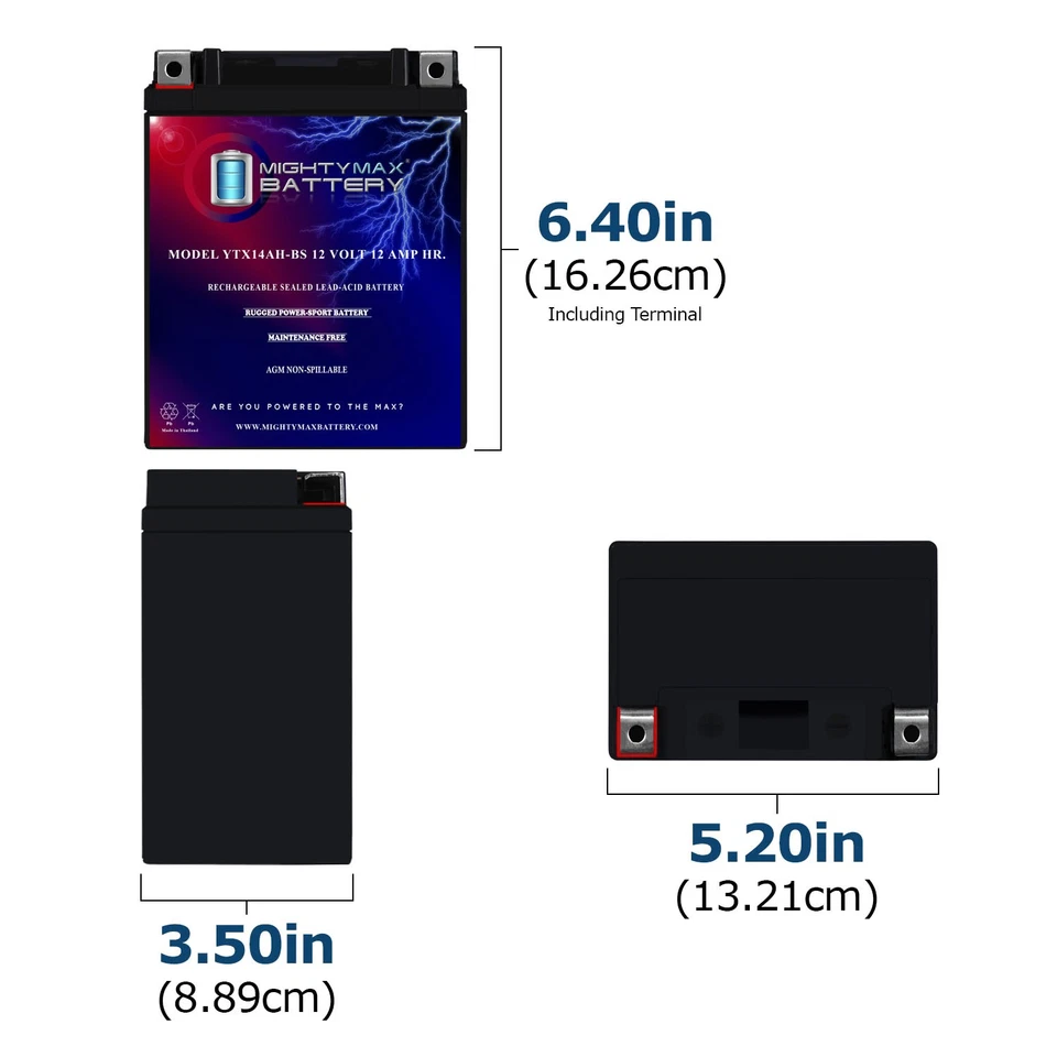 Mighty Max YTX14AH-BS 12V 12Ah Replacement for CTX14AH-BS, CB14A-A2 - Image 2 of 4