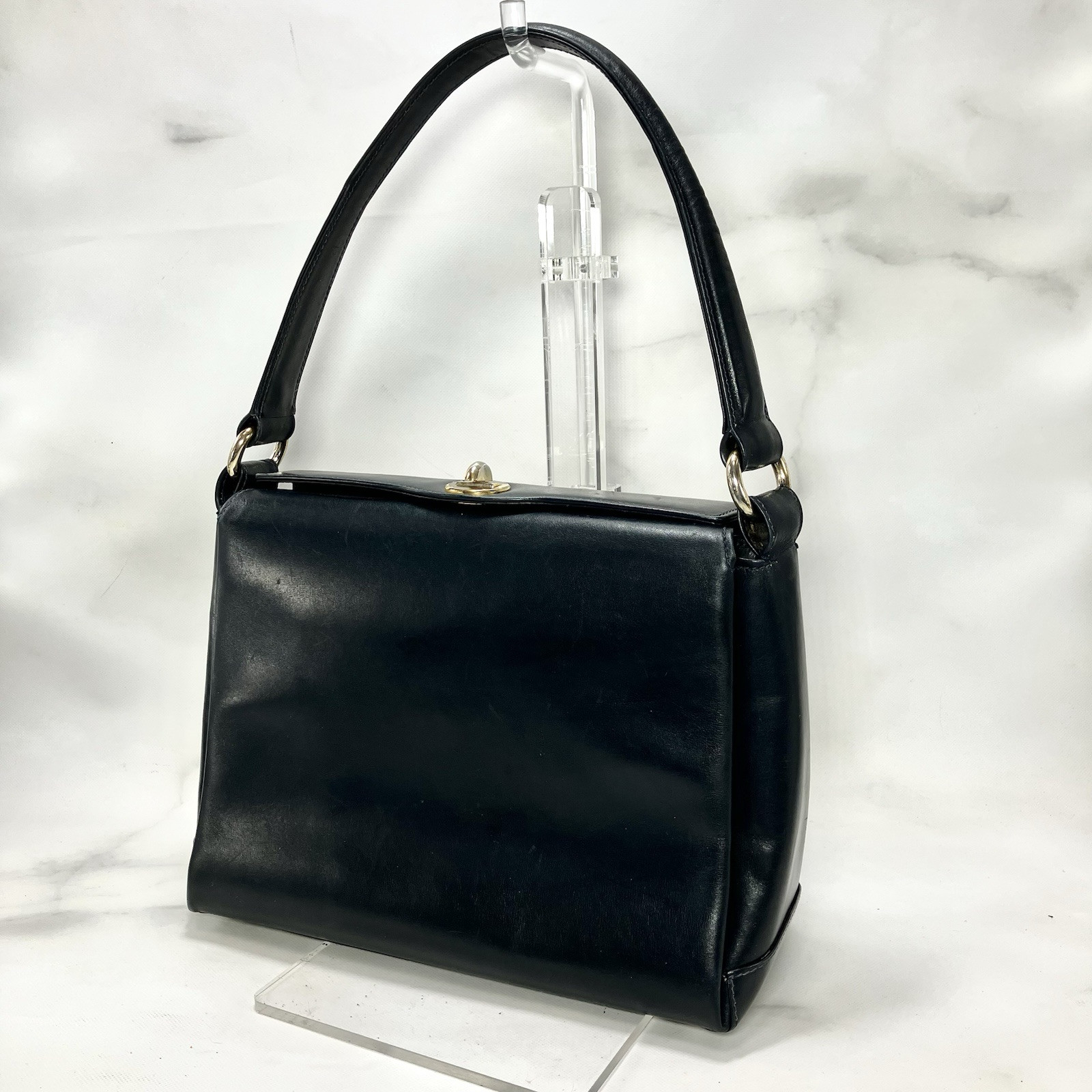 Vintage GUCCI Handbag Navy Leather Top Handle Turn Lock Authentic