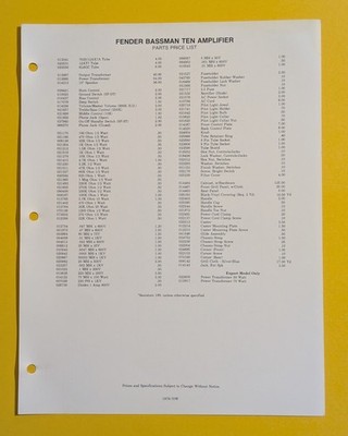Vtg 1978 Fender Bassman Ten Amplifier Parts Price List & Schematic - 1970s Amp