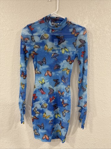 Fashion Nova blue Butterfly Sky print long sleeves sheer Dress Sz X-Small