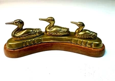 Solid Brass Duck Family of 3 Figurine On Wood Base Desk Paperweight MCM Vintage