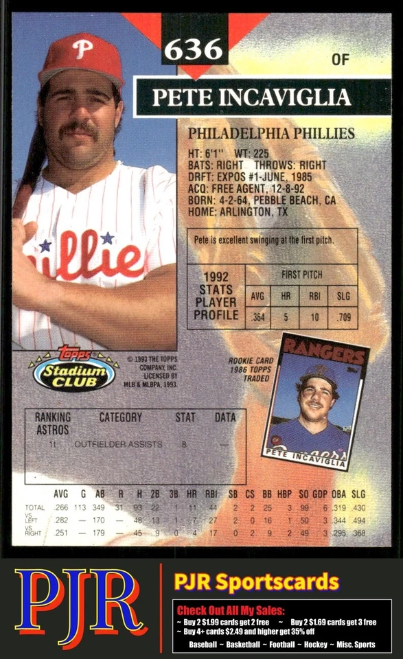 Pete Incaviglia 1993 Stadium Club #636 Philadelphia Phillies - Image 2 of 2