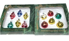 12 Vtg Bradford Mini Round Feather Tree  Christmas Glass Ornaments Hand Painted