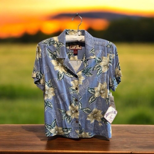 Damen Karibik Joe Kragen Kokosnuss Knöpfe Hawaiihemd Größe L blau geblümt