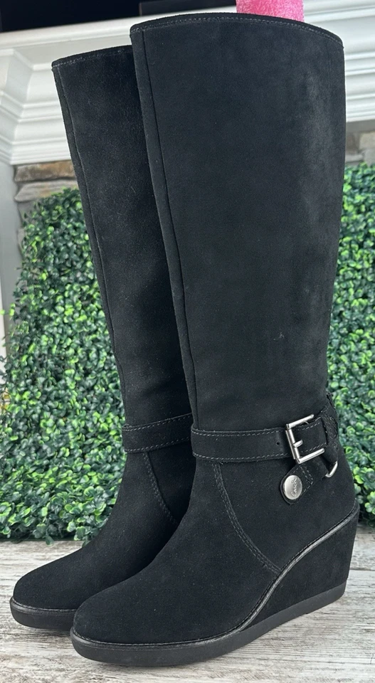 Botas altas de cuña COACH Candid para mujer 6.5B negras gamuza hasta la rodilla hebilla Foto 3 de 4