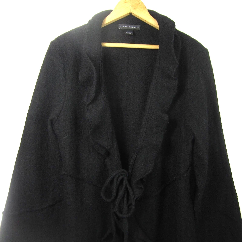 Cárdigan Suéter Elena Solano Mujer L Negro LS Hervido 100% Lana Volantes Frontales Foto 4 de 4