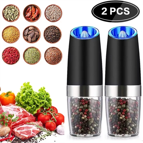 2 Pack Gravity Electric Salt and Pepper Grinder Mill Shaker Adjustable Automatic