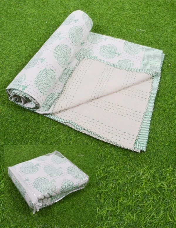 Handmade Tree Print Kantha Quilt Reversible Bedspread Double Cotton Coverlet - Image 4 of 4