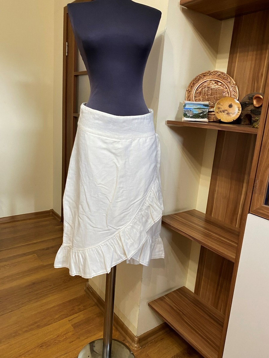 LES COYOTES DE PARIS WHITE LINEN? CROSS OVER RUFFLE KNEE SKIRT-M