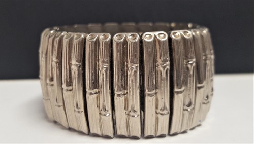 Vintage Bamboo Design Expansion Bracelet Chunky Wide Silver Tone Metal Bar Panel - Picture 4 of 17