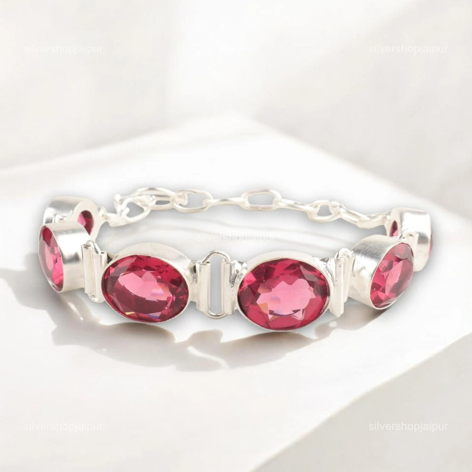 925 Sterling Silver Natural Pink Tourmaline Chain Ethnic Dainty Bracelet Jewelry — 第 3/4 张图片