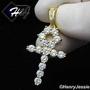 Authentic 925 STERLING SILVER ICY CUBIC ZIRCONIA GOLD PLATED ANKH KEY CROSS PENDANT*GP282