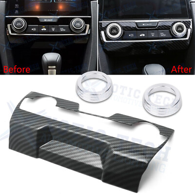 Carbon Fiber AC Climate Control Cover w/ Silver Knob Rings For Honda Civic 16-19