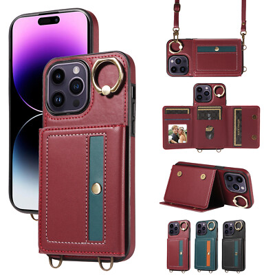 For iPhone 16 15 14 13 12 11 Pro Max 8 Leather Wallet Crossbody Strap Stand Case