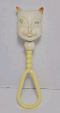 Vintage Celluloid Baby Rattle Cat Dog Collectible Toy Old Plastic
