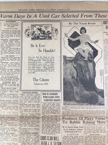 Ashville NC Newspaper August 11, 1929 Circus Elephant Robinson Ferris Rabbits Ad