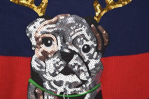 Damen Ugly Christmas Pullover M (8-10) Mops Hund Geweih Pailletten 3D Holiday Time - Bild 2 von 9