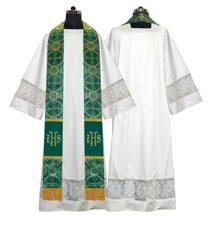 Green Brocade Clergy Stole with embroidered IHS Motif and Golden Fringes